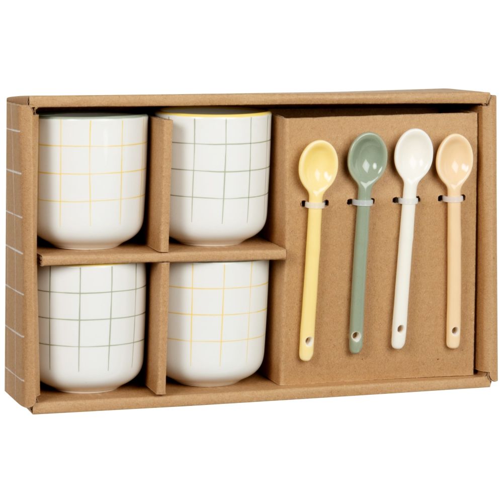 Coffret tasses en grès blanc motifs à carreaux multicolores (x4) et cuillères assorties Coffret tasses en grès blanc motifs à carreaux multicolores (x4) et cuillères assorties