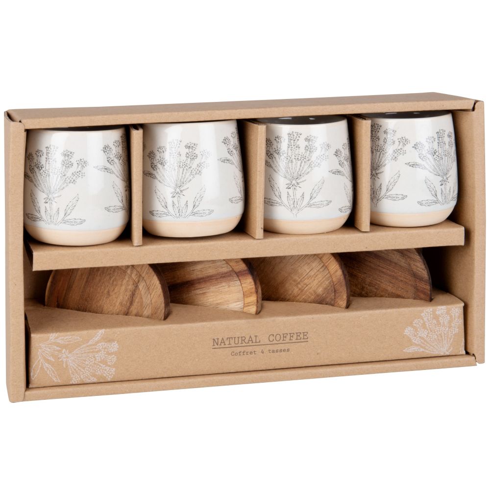 Coffret tasses en grès écru motif végétal (x4) et soucoupes en acacia Coffret tasses en grès écru motif végétal (x4) et soucoupes en acacia