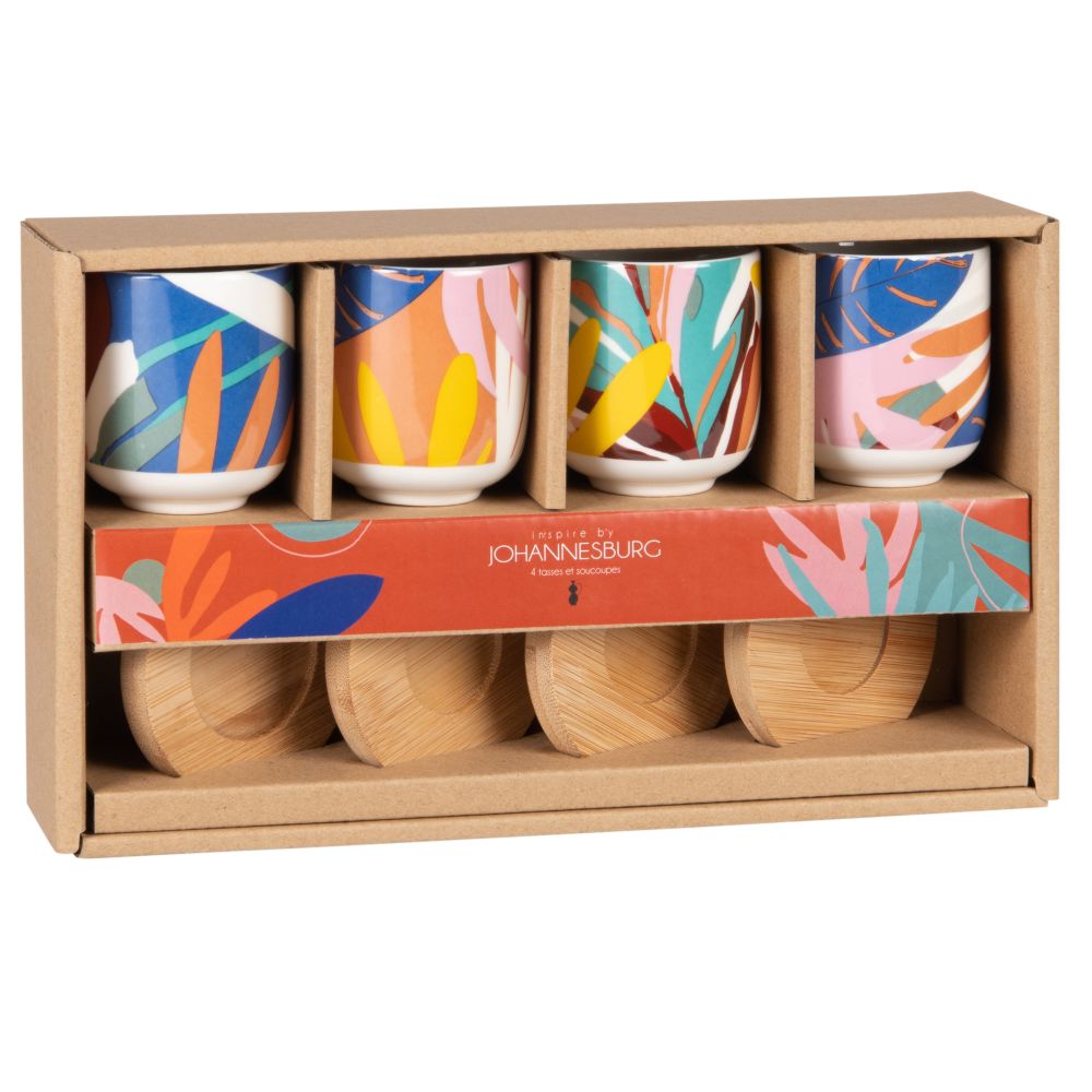 Coffret tasses en grès motif végétal multicolore (x4) et soucoupes en bambou Coffret tasses en grès motif végétal multicolore (x4) et soucoupes en bambou