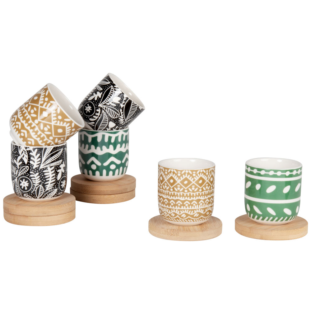 Coffret tasses en grès motifs graphiques multicolores (x6) et soucoupes en bambou Coffret tasses en grès motifs graphiques multicolores (x6) et soucoupes en bambou