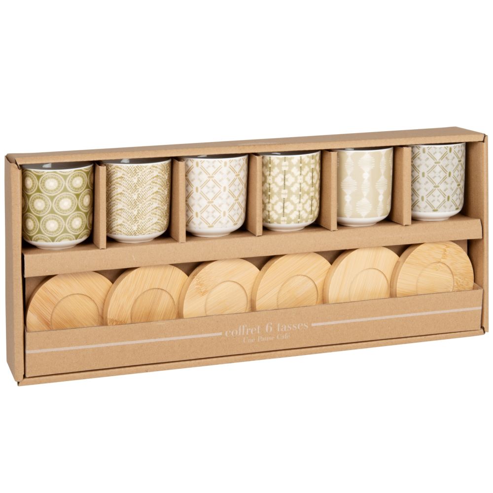 Coffret tasses en grès motifs graphiques multicolores (x6) et soucoupes en bambou Coffret tasses en grès motifs graphiques multicolores (x6) et soucoupes en bambou