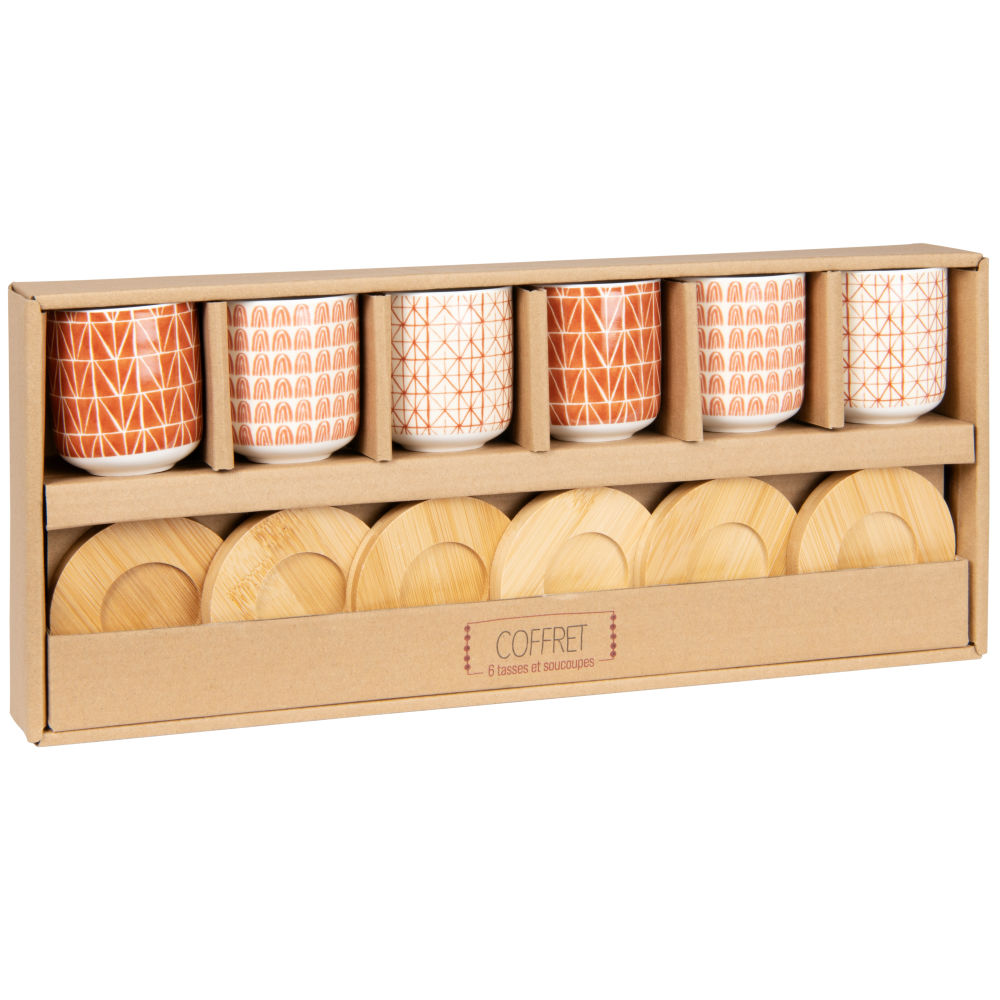 Coffret tasses en porcelaine marron et beige (x6) et soucoupes en bambou Coffret tasses en porcelaine marron et beige (x6) et soucoupes en bambou