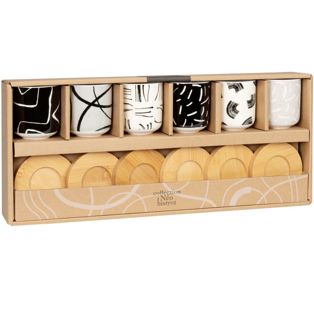 Coffret tasses en porcelaine motifs noirs, blancs et gris (x6) et soucoupes en manguier Coffret tasses en porcelaine motifs noirs, blancs et gris (x6) et soucoupes en manguier