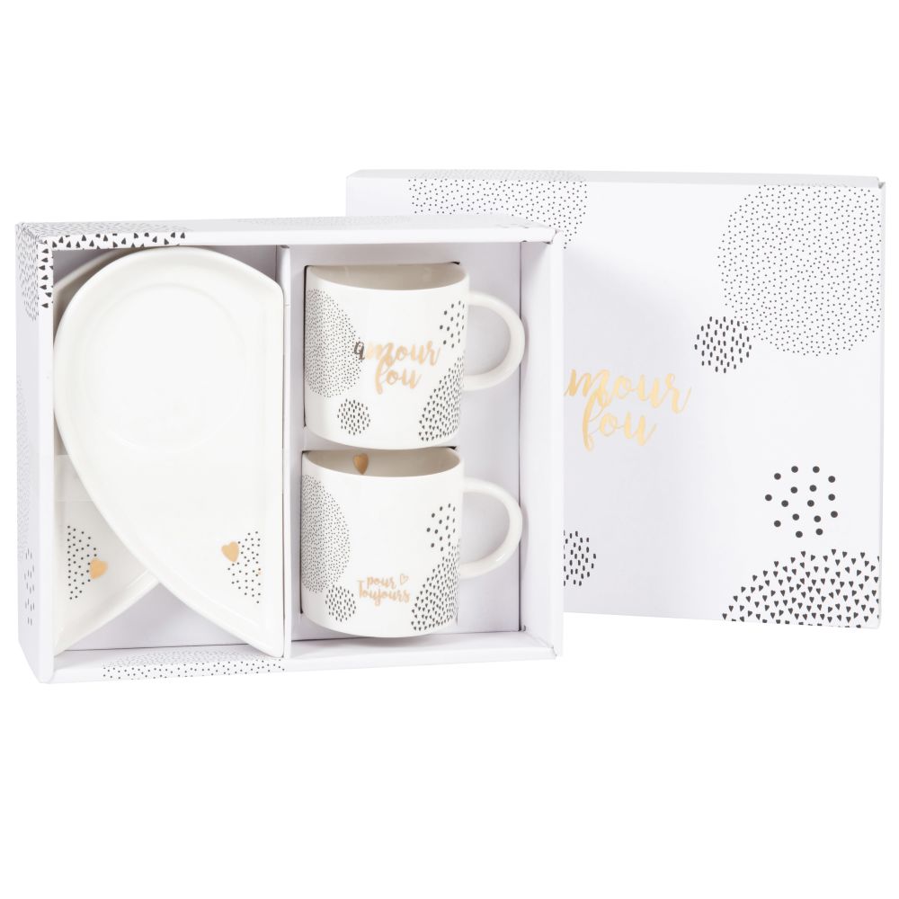 Coffret tasses et soucoupes (x2) en porcelaine blanche, noire et dorée