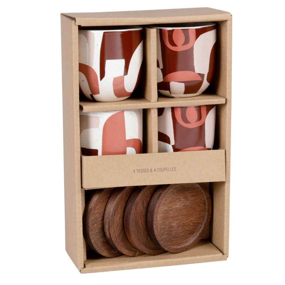 Coffret tasses et soucoupes (x4) en grès multicolore et acacia Coffret tasses et soucoupes (x4) en grès multicolore et acacia