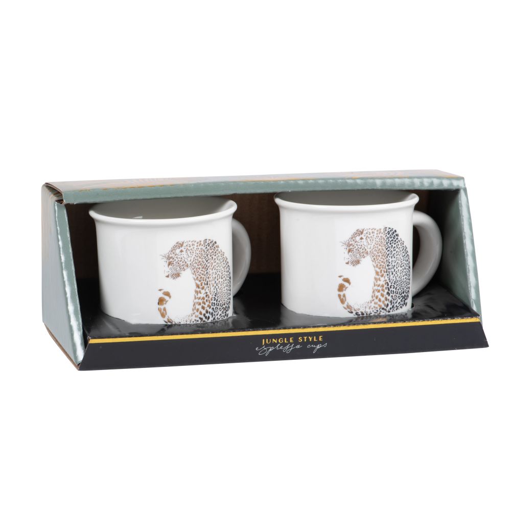 Coffret tasses (x2) en porcelaine blanche imprimé guépard doré