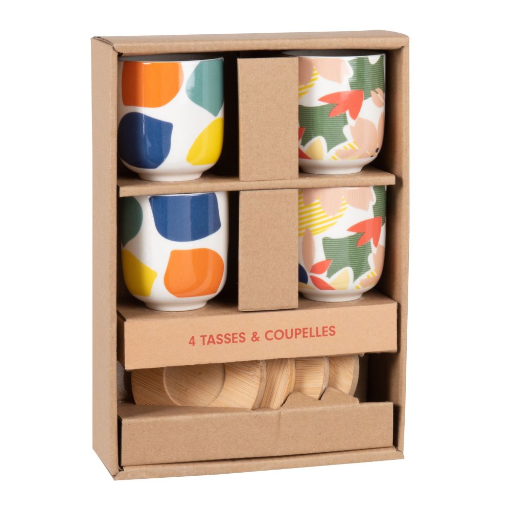 Coffret tasses (x4) en grès motif végétal multicolore et soucoupes en bambou Coffret tasses (x4) en grès motif végétal multicolore et soucoupes en bambou