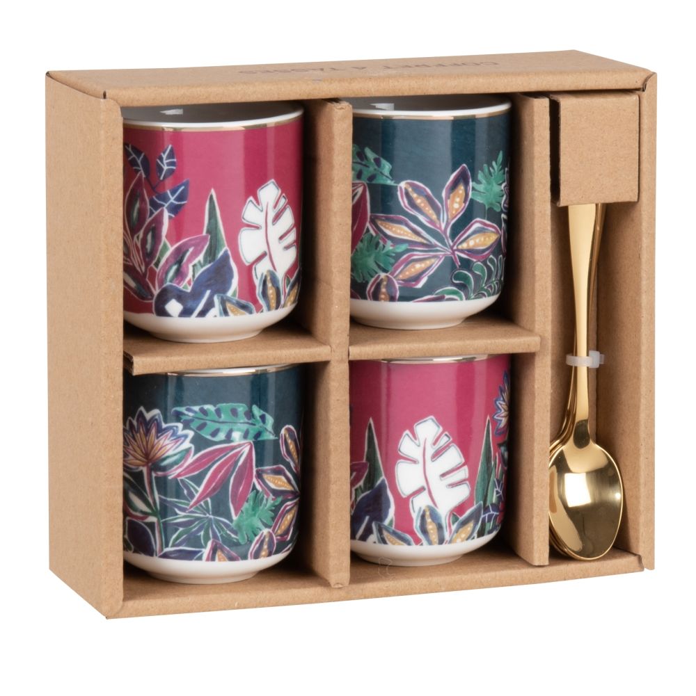 Coffret tasses (x4) en grès rose, vert, bleu motif végétal et cuillère en métal doré Coffret tasses (x4) en grès rose, vert, bleu motif végétal et cuillère en métal doré