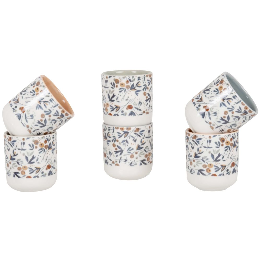 Coffret tasses (x6) en grès blanc, bleu et beige motif floral