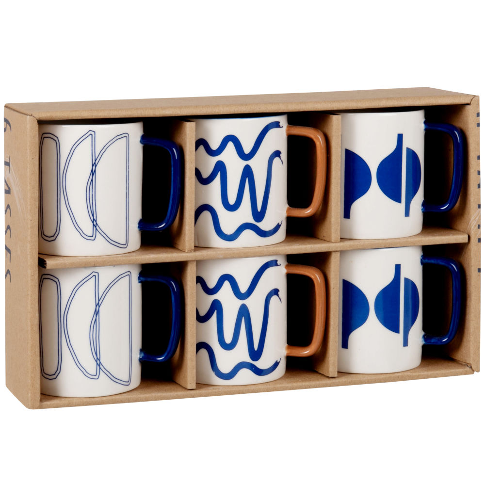 Coffret tasses (x6) en grès écru et bleu motifs graphiques