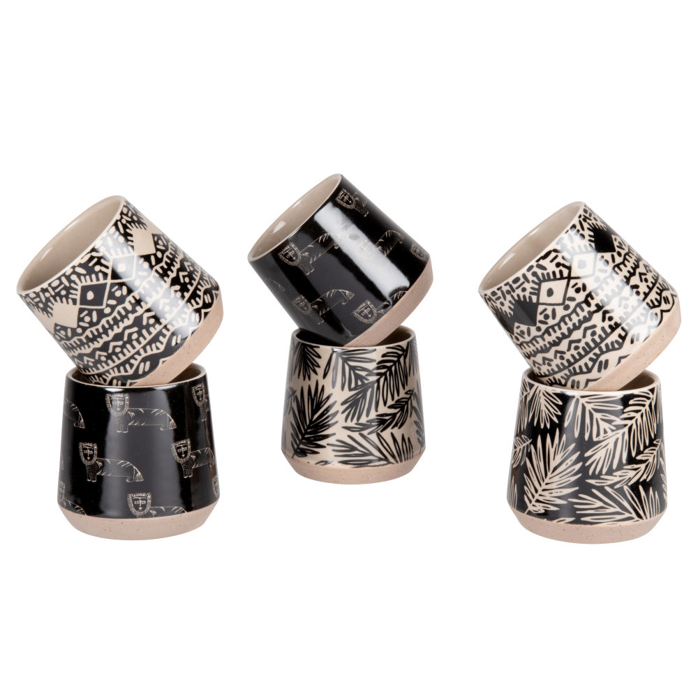 Coffret tasses (x6) en grès motifs graphiques noirs, gris clair et gris Coffret tasses (x6) en grès motifs graphiques noirs, gris clair et gris