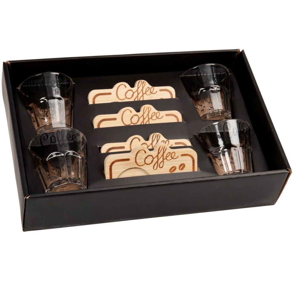 Coffret verres à café avec inscriptions noires (x4) et soucoupes en bambou Coffret verres à café avec inscriptions noires (x4) et soucoupes en bambou