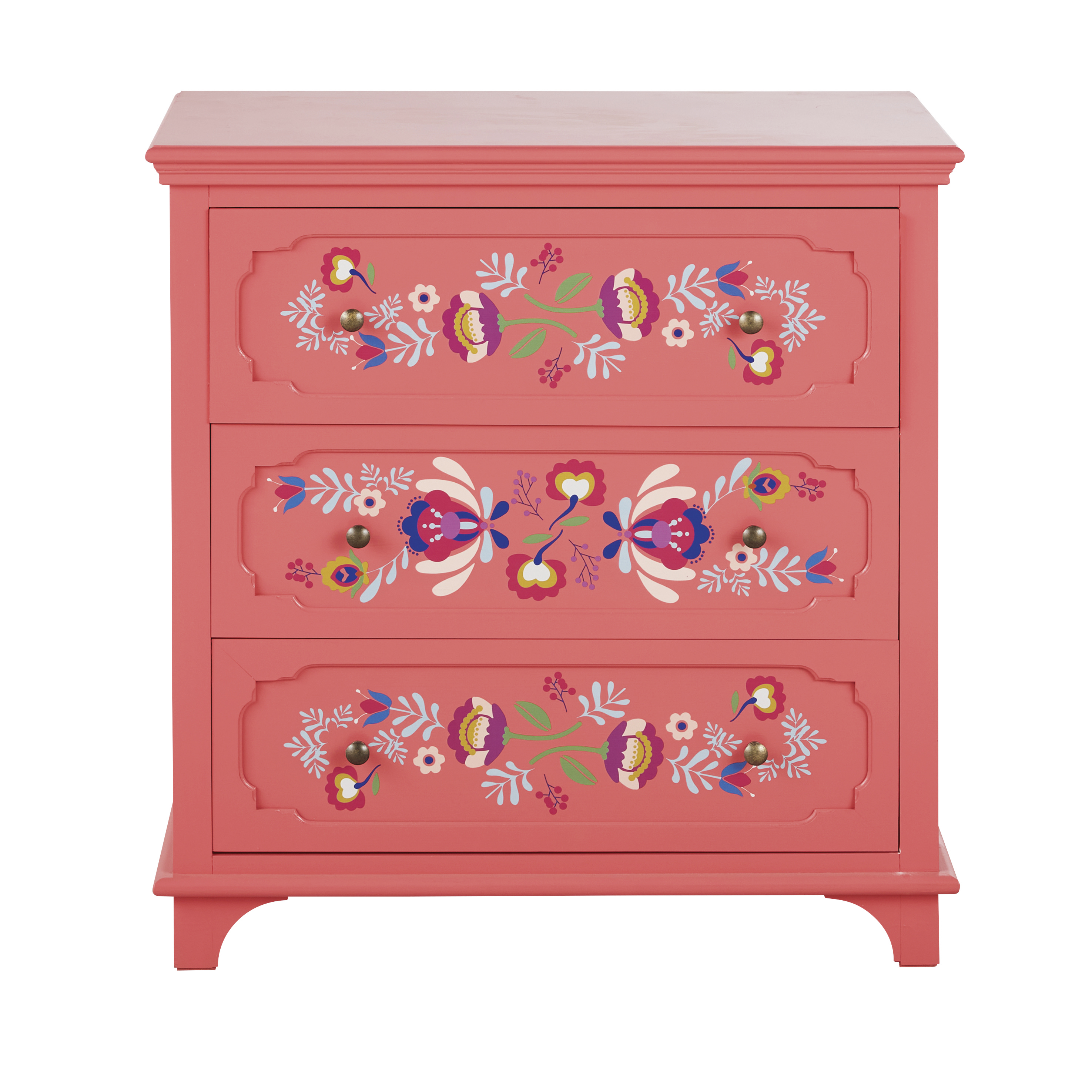commode 3 tiroirs rose à motifs multicolores