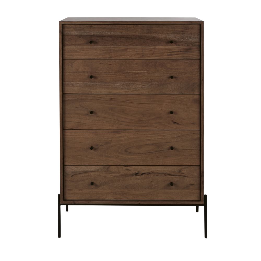 Commode 5 tiroirs en bois d'acacia massif marron et métal noir
