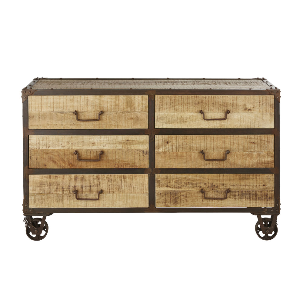 Commode double 6 tiroirs en bois de manguier et métal gris à roulettes Commode double 6 tiroirs en bois de manguier et métal gris à roulettes