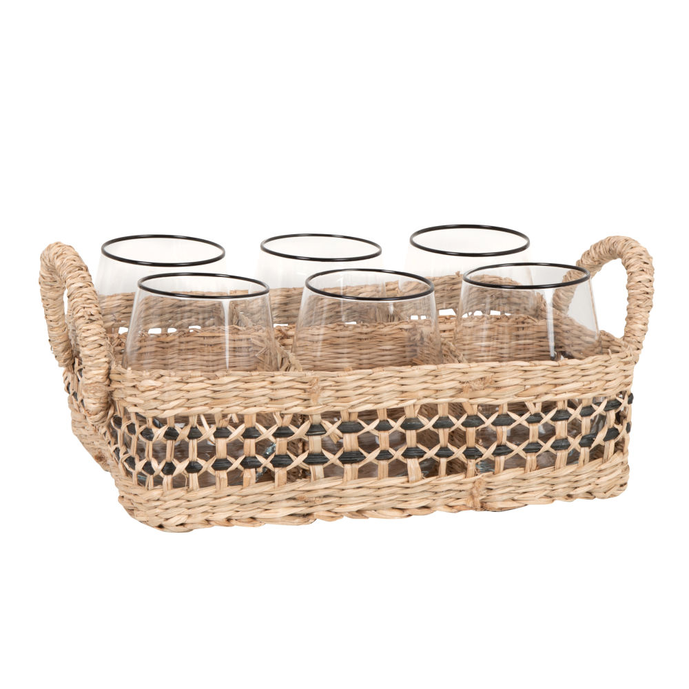 Composition verres imprimés liseret noir (x6) et support panier en jonc de mer beige et noir Composition verres imprimés liseret noir (x6) et support panier en jonc de mer beige et noir