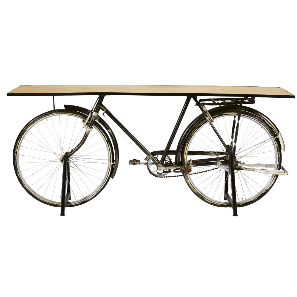 Console bicyclette industrielle en bois de manguier et métal noir