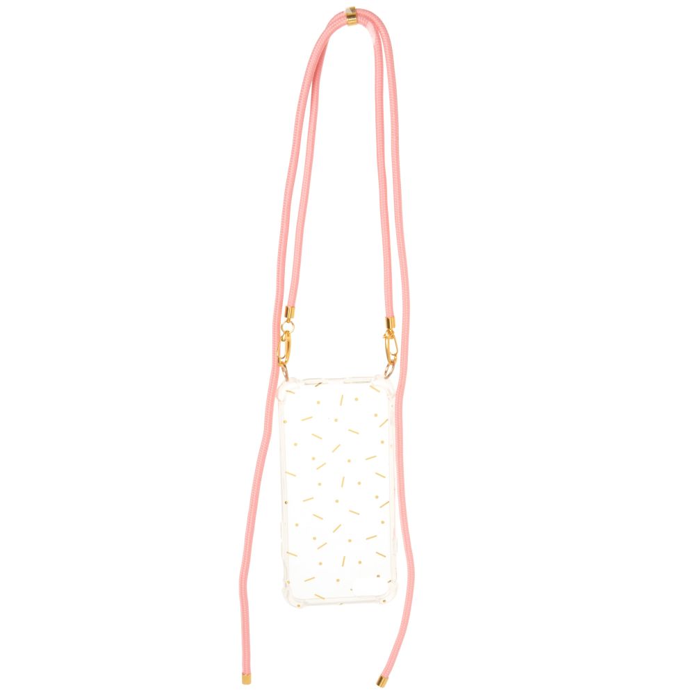 Coque IPhone 6/7/8/SE transparente, dorée et cordon rose Coque IPhone 6/7/8/SE transparente, dorée et cordon rose