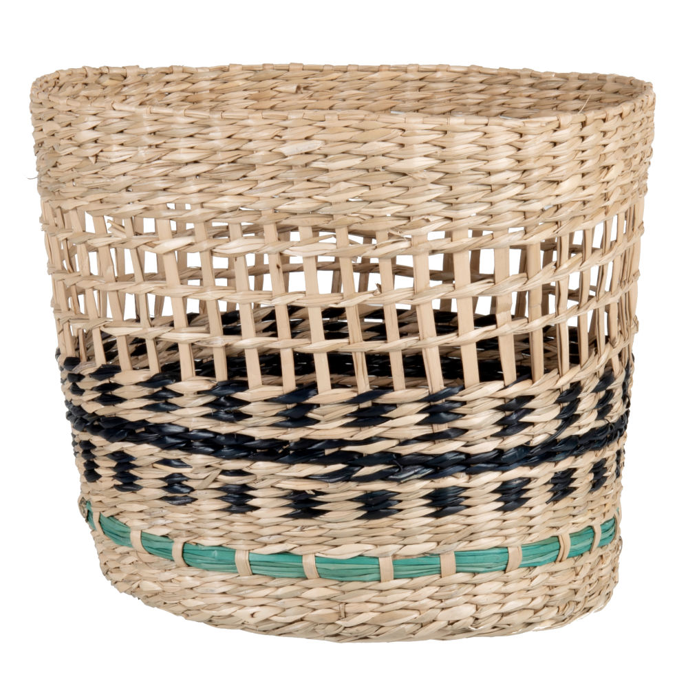 Corbeille en fibre végétale tressée beige, bleu vert et noire Corbeille en fibre végétale tressée beige, bleu vert et noire