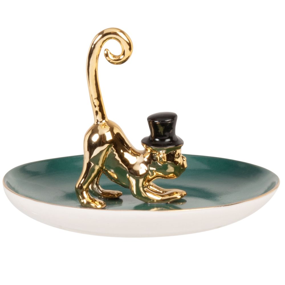 Coupelle à bijoux en porcelaine verte, noire et singe doré Coupelle à bijoux en porcelaine verte, noire et singe doré