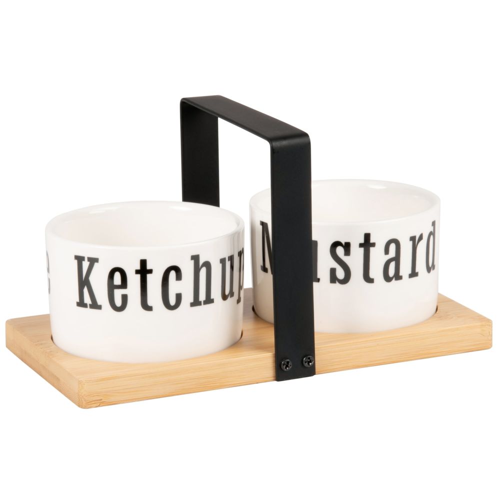 Coupelles à sauce (x2) en porcelaine blanche et noire avec support en bambou
