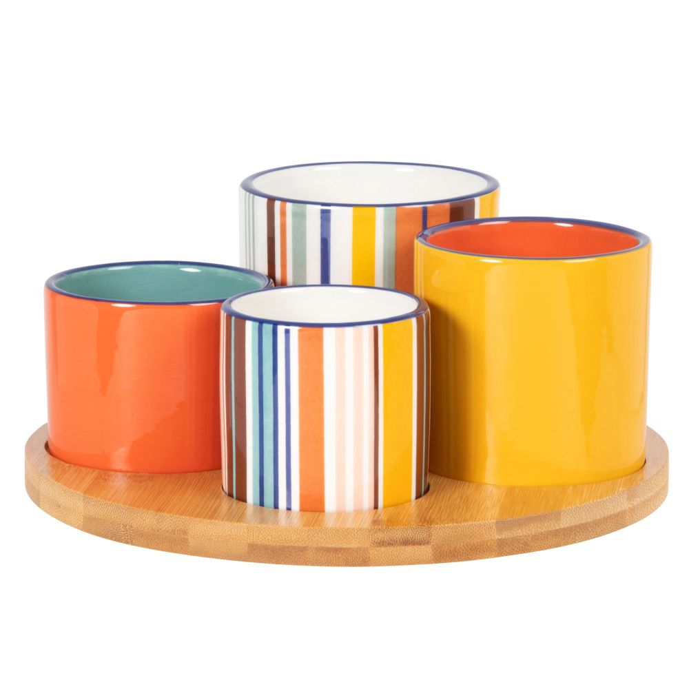 Coupelles apéritives en faïence multicolore (x4) et plateau en bambou (photo) Coupelles apéritives en faïence multicolore (x4) et plateau en bambou