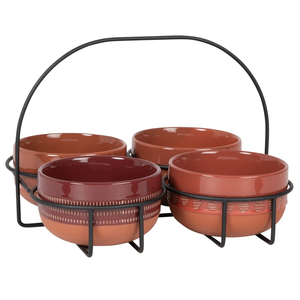 Coupelles apéritives en grès beige, brique et marron (x4) support en métal noir (photo) Coupelles apéritives en grès beige, brique et marron (x4) support en métal noir