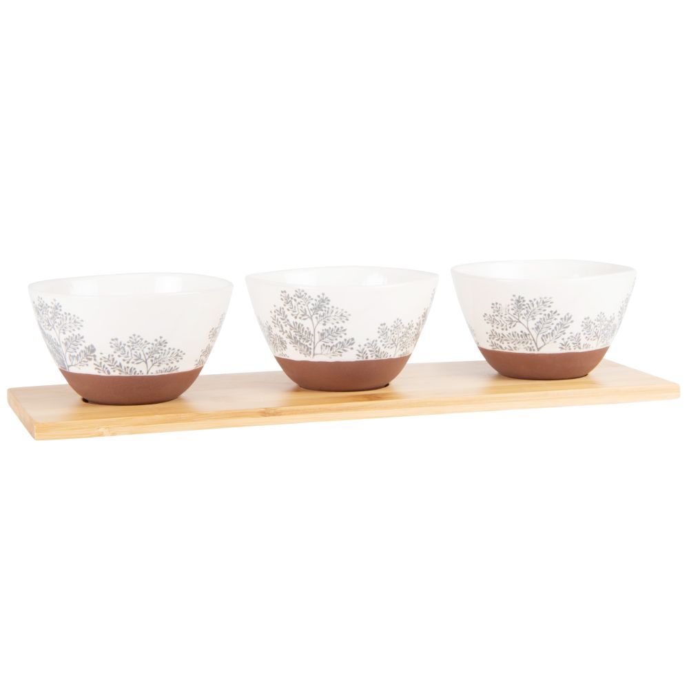 Coupelles apéritives en grès blanc et terracotta (x2) avec plateau en bambou Coupelles apéritives en grès blanc et terracotta (x2) avec plateau en bambou