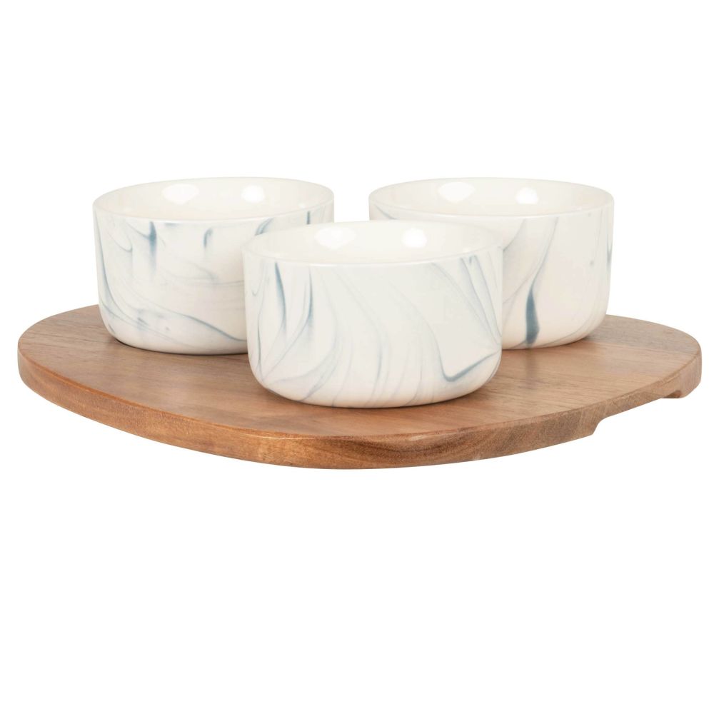 Coupelles apéritives en grès bleu effet marbré (x3) plateau en bois d'acacia Coupelles apéritives en grès bleu effet marbré (x3) plateau en bois d'acacia