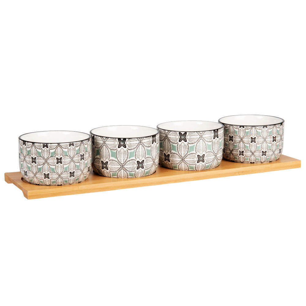 Coupelles apéritives en grès bleu gris, verts et blancs (x4) avec plateau en bambou (photo) Coupelles apéritives en grès bleu gris, verts et blancs (x4) avec plateau en bambou