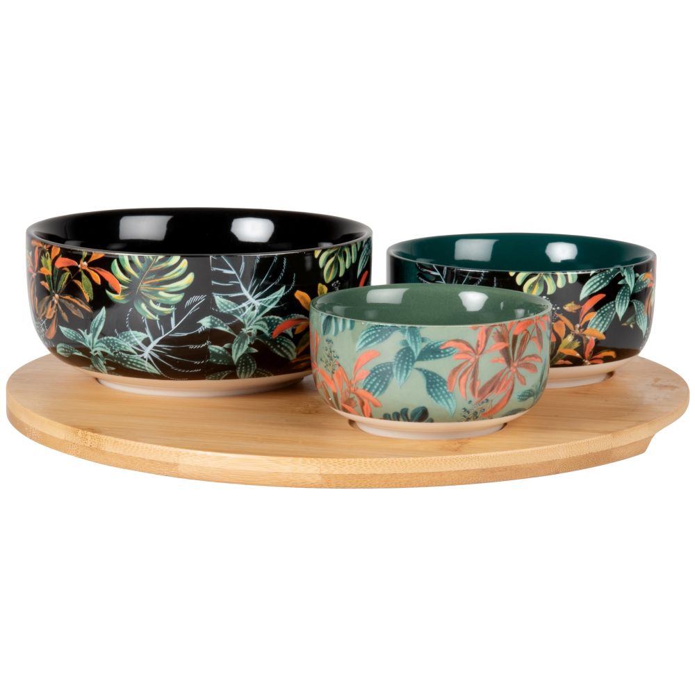 Coupelles apéritives en grès motif végétal multicolore (x3) et plateau en métal doré Coupelles apéritives en grès motif végétal multicolore (x3) et plateau en métal doré