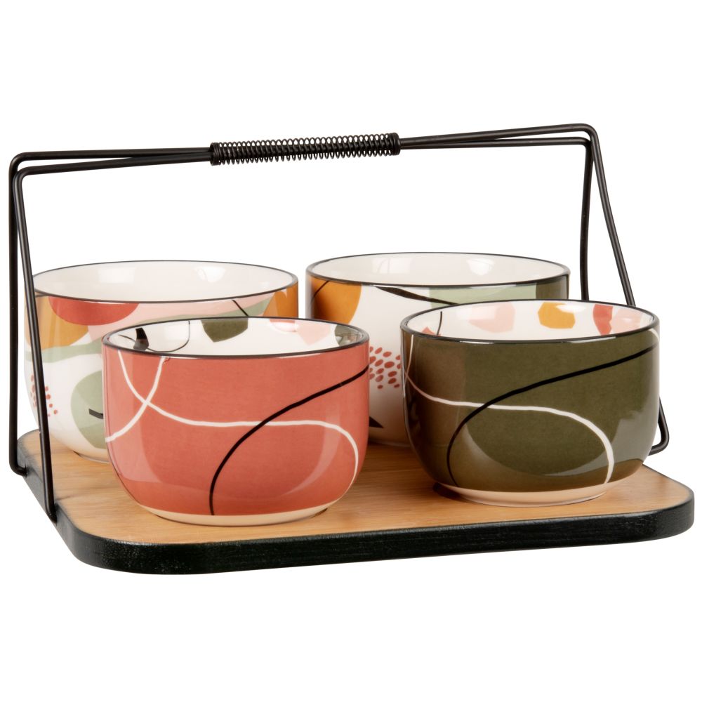 Coupelles apéritives en grès motifs abstraits multicolores (x4) et plateau en métal en bambou Coupelles apéritives en grès motifs abstraits multicolores (x4) et plateau en métal en bambou