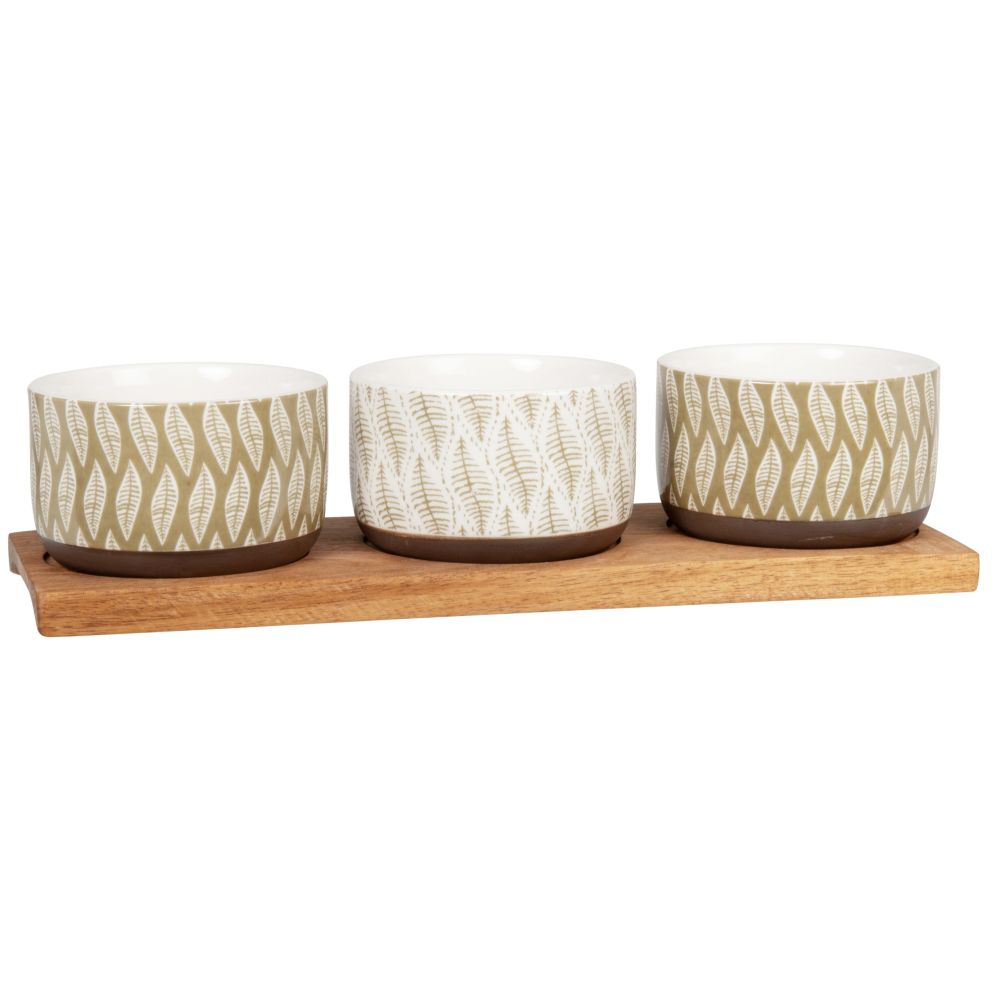 Coupelles apéritives en grès motifs graphiques blancs et vert clair et plateau en acacia Coupelles apéritives en grès motifs graphiques blancs et vert clair et plateau en acacia