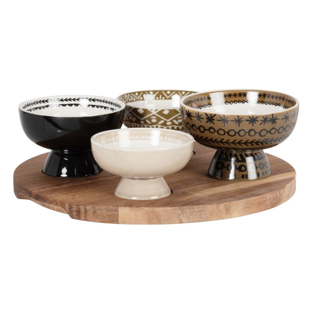 Coupelles apéritives en grès motifs graphiques multicolores et plateau en acacia Coupelles apéritives en grès motifs graphiques multicolores et plateau en acacia