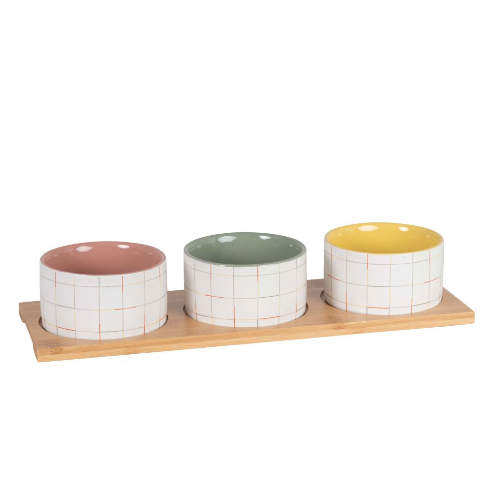 Coupelles apéritives en grès multicolore motifs à carreaux (x3) plateau en bambou