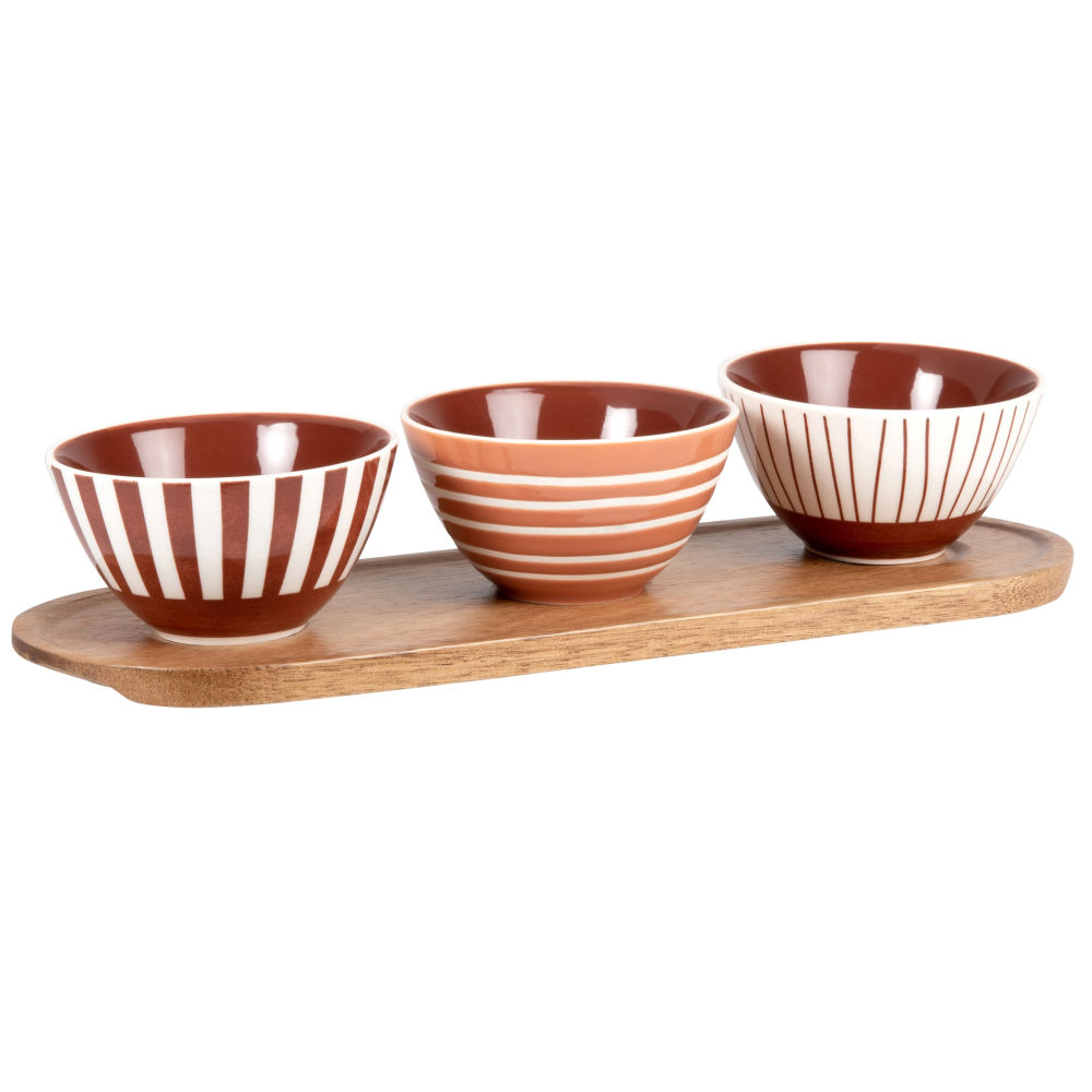 Coupelles apéritives en grès terracotta (x3) et plateau en acacia (photo) Coupelles apéritives en grès terracotta (x3) et plateau en acacia