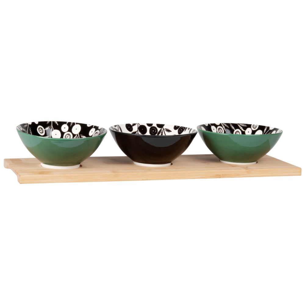 Coupelles apéritives en grès vert, noir et blanc (x3) et plateau en bambou Coupelles apéritives en grès vert, noir et blanc (x3) et plateau en bambou