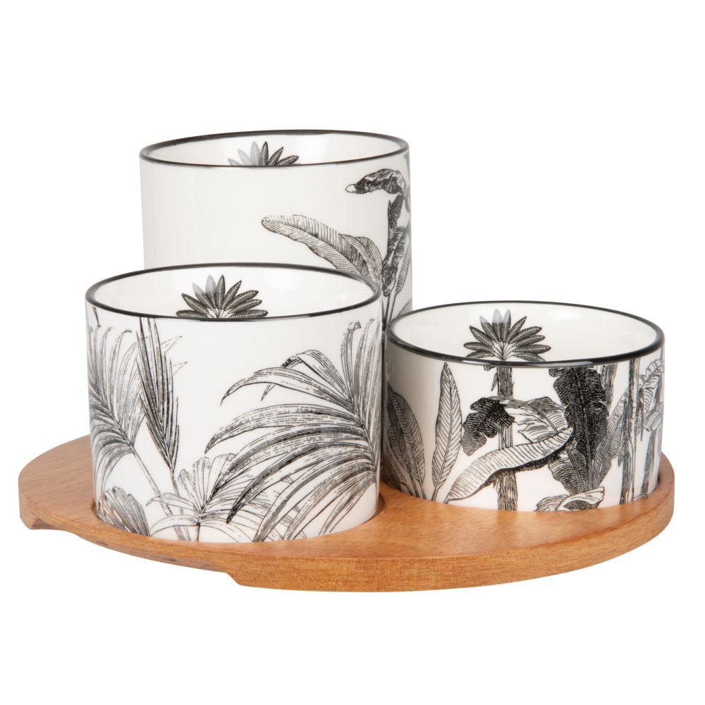 Coupelles apéritives en porcelaine blanche et noire (x3) et plateau en acacia (photo) Coupelles apéritives en porcelaine blanche et noire (x3) et plateau en acacia
