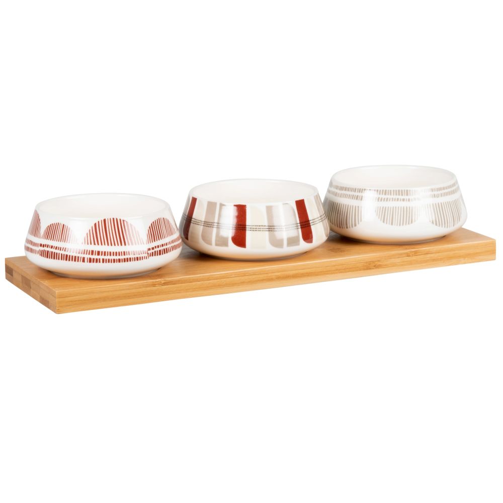 Coupelles apéritives en porcelaine blanche, rouge et grise et plateau en bambou (photo) Coupelles apéritives en porcelaine blanche, rouge et grise et plateau en bambou