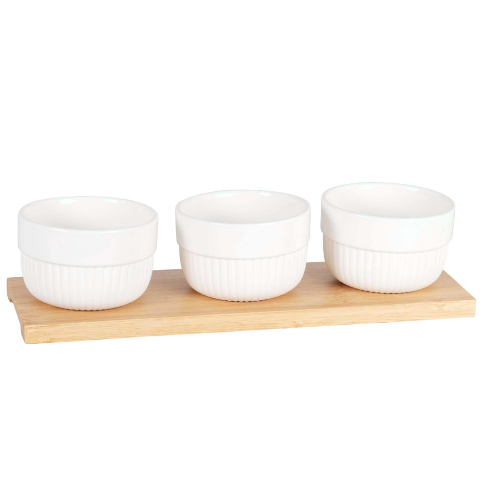 Coupelles apéritives en porcelaine blanche (x3) plateau en bambou