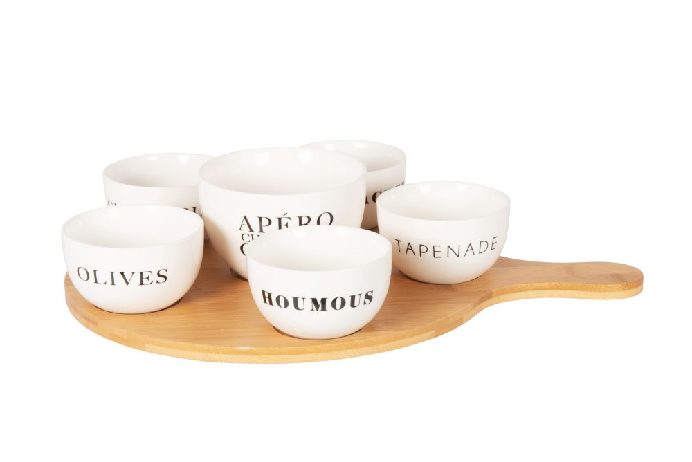 Coupelles apéritives en porcelaine blanche (x6) et plateau en bambou (photo) Coupelles apéritives en porcelaine blanche (x6) et plateau en bambou