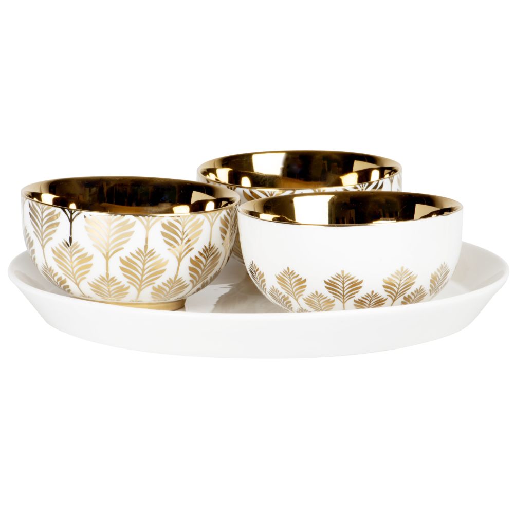 Coupelles apéritives en porcelaine écrue motif végétal doré et plateau en métal Coupelles apéritives en porcelaine écrue motif végétal doré et plateau en métal