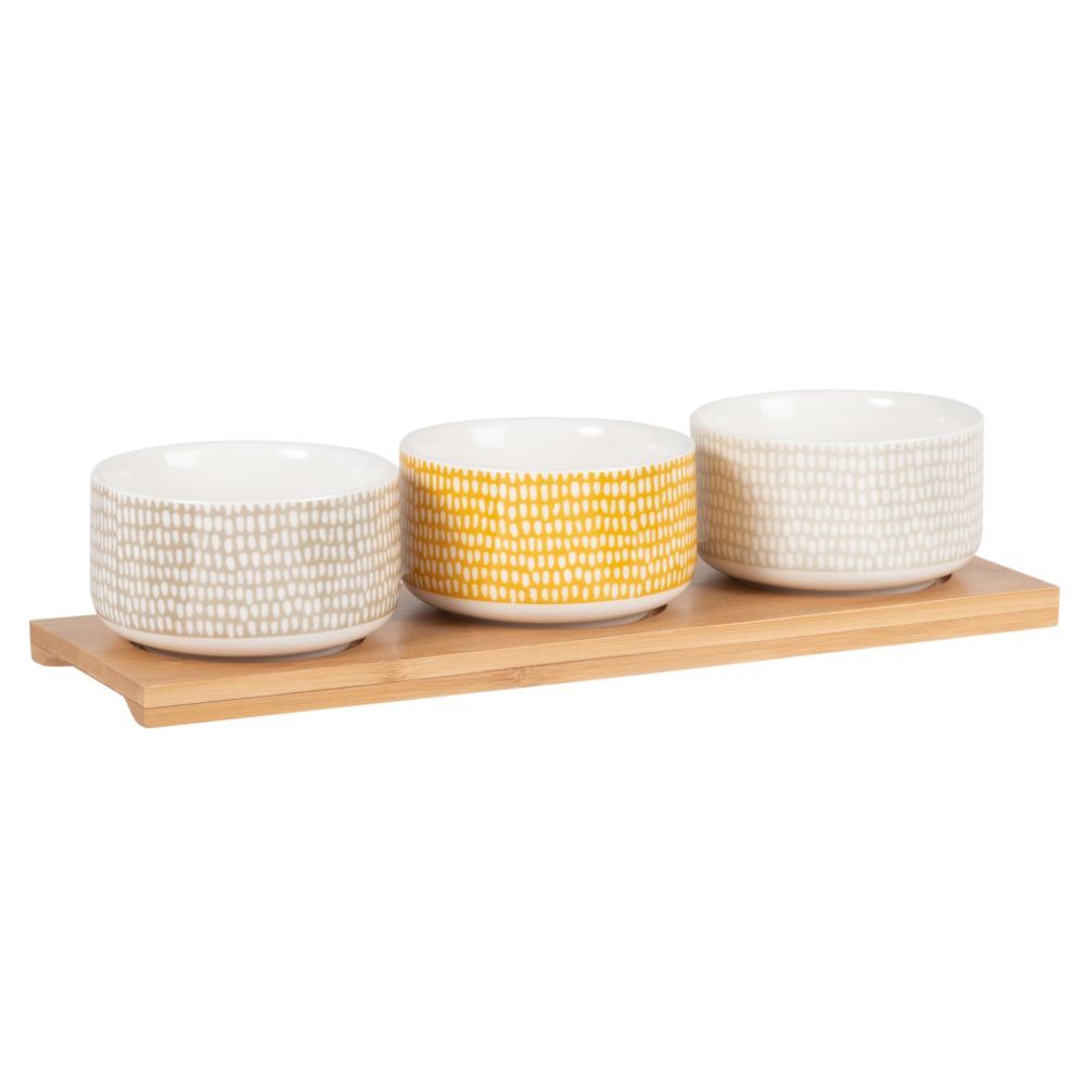 Coupelles apéritives en porcelaine jaune, beige et grise (x3) et plateau en hévéa (photo) Coupelles apéritives en porcelaine jaune, beige et grise (x3) et plateau en hévéa