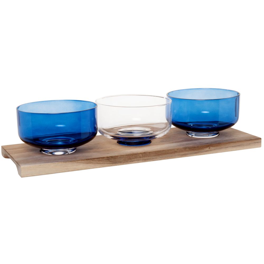 Coupelles apéritives en verre bleu et blanc (x3) et plateau en bois d'acacia