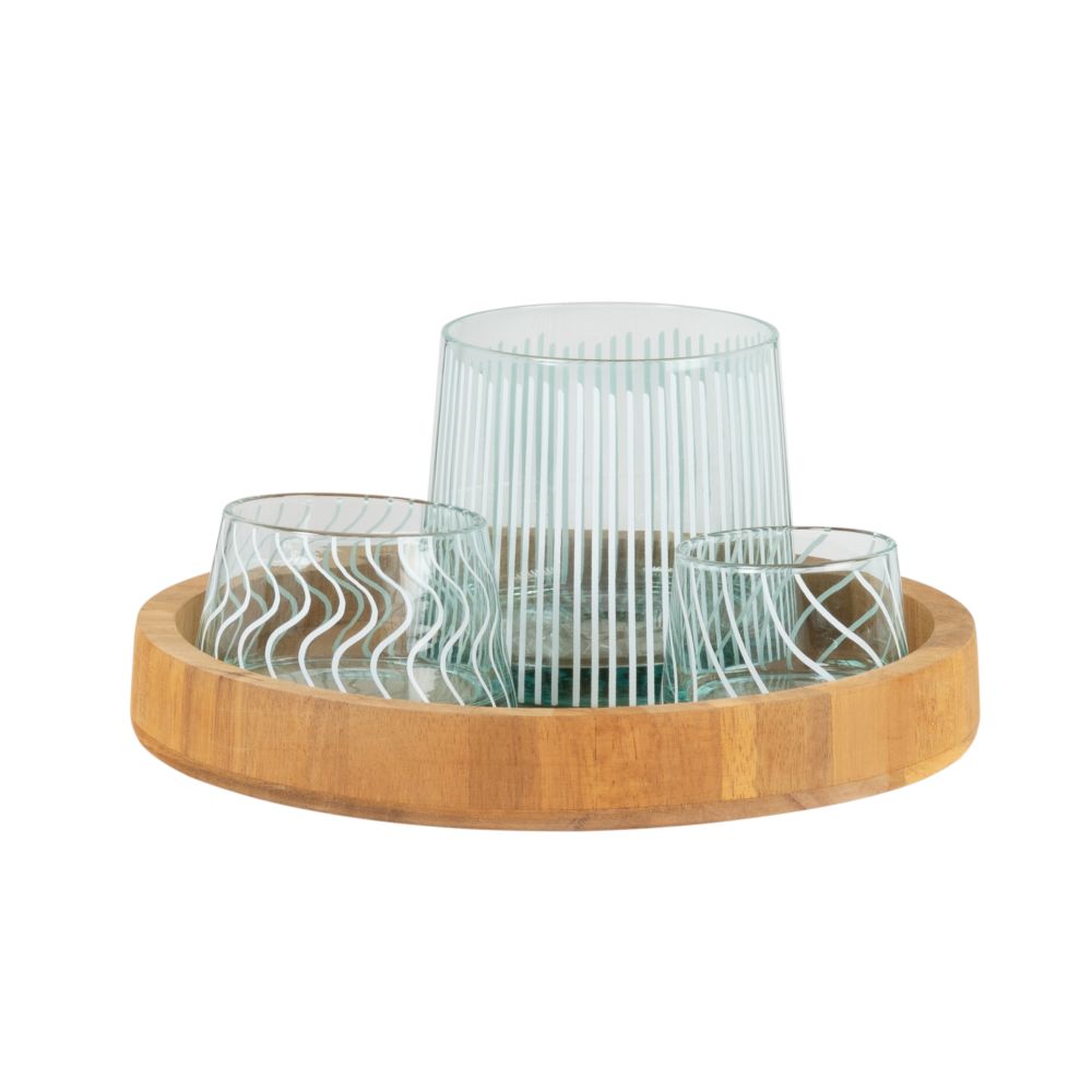 Coupelles apéritives en verre motifs blancs (x3) et plateau en acacia (photo) Coupelles apéritives en verre motifs blancs (x3) et plateau en acacia