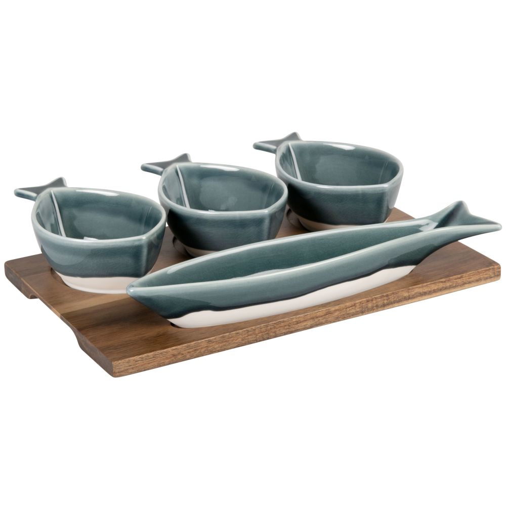 Coupelles apéritives poissons en porcelaine bleue (x4) et plateau en acacia (photo) Coupelles apéritives poissons en porcelaine bleue (x4) et plateau en acacia
