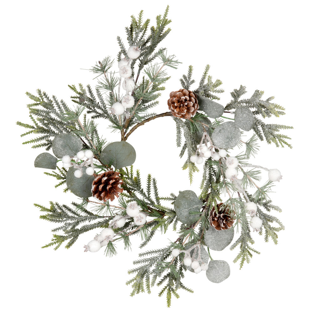 Couronne feuilles vertes, pommes de pin et petites boules blanches Couronne feuilles vertes, pommes de pin et petites boules blanches