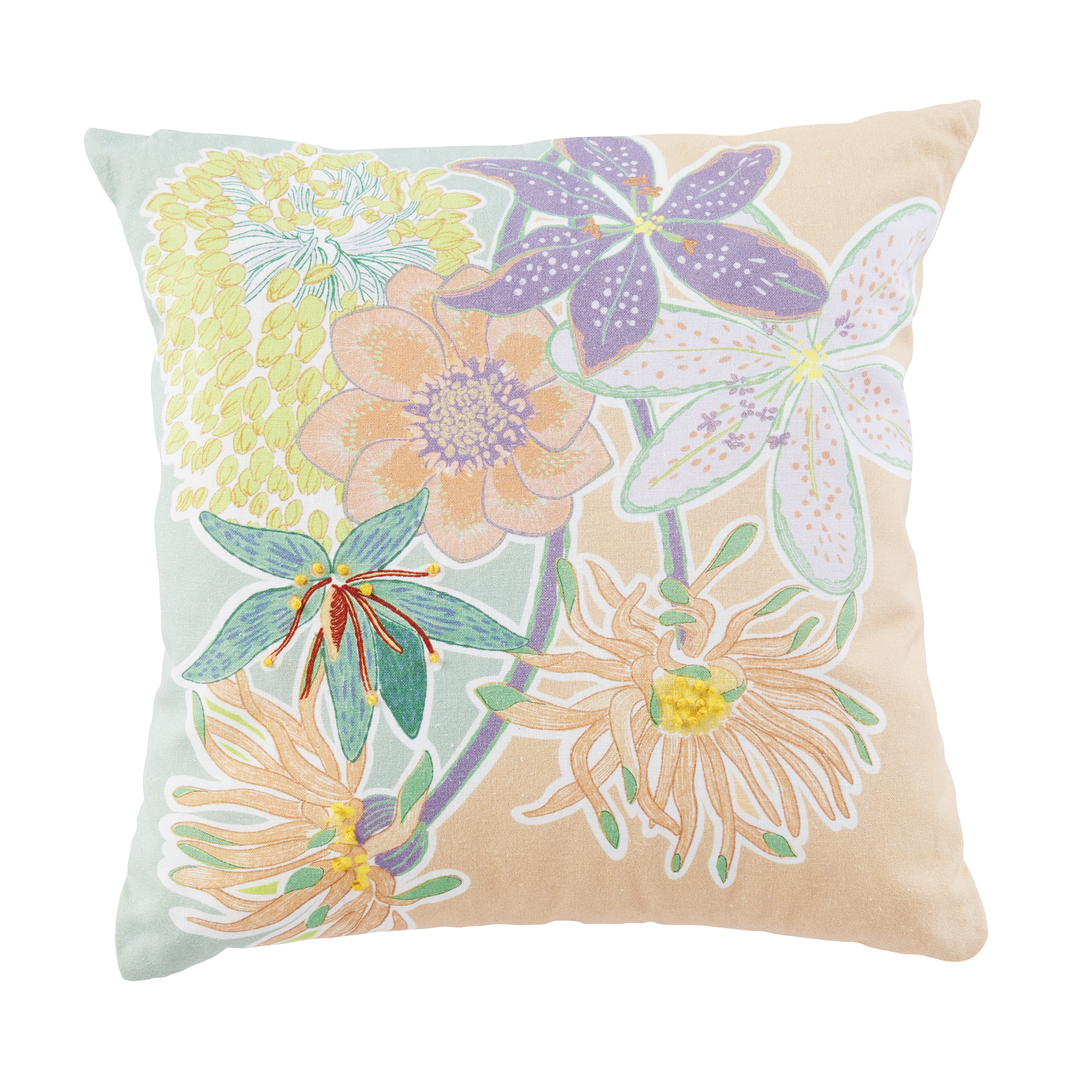 Coussin à motif imprimé floral rose hibiscus et bleu vert 45x45