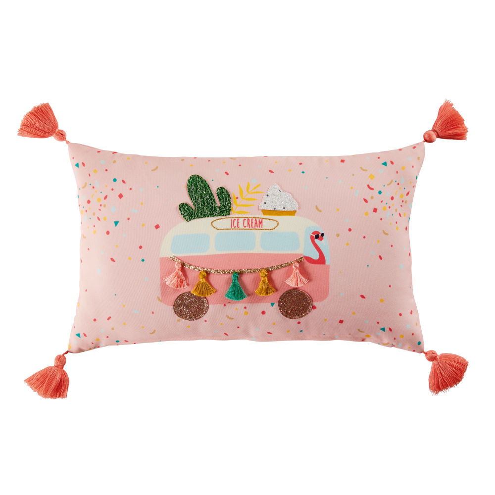 Coussin à pompons rose imprimé van 30x50 (photo) Coussin à pompons rose imprimé van 30x50
