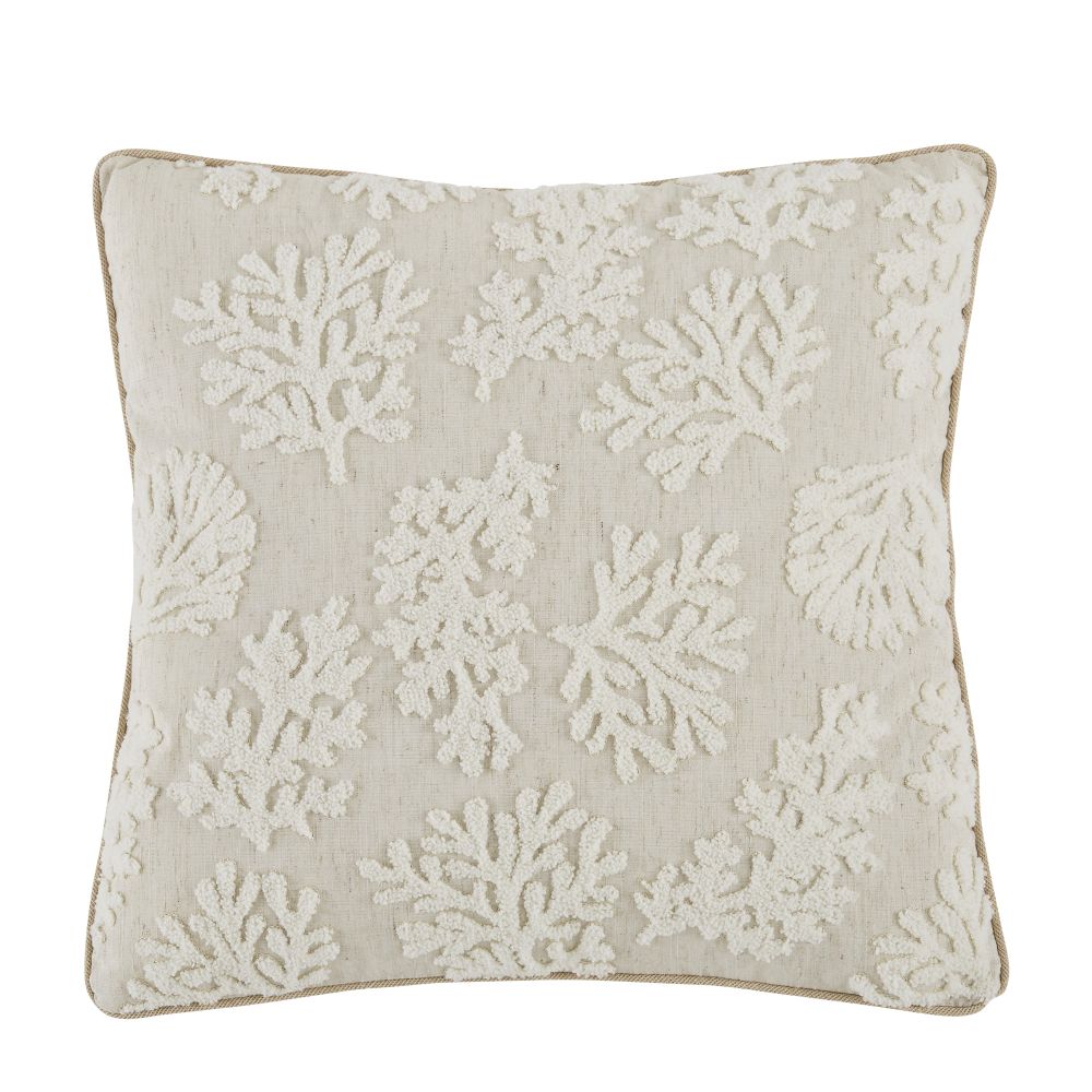 Coussin beige et blanc effet chambray motifs bouclés et surbrodés dorés 45x45 Coussin beige et blanc effet chambray motifs bouclés et surbrodés dorés 45x45